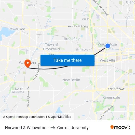 Harwood & Wauwatosa to Carroll University map