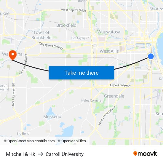 Mitchell & Kk to Carroll University map