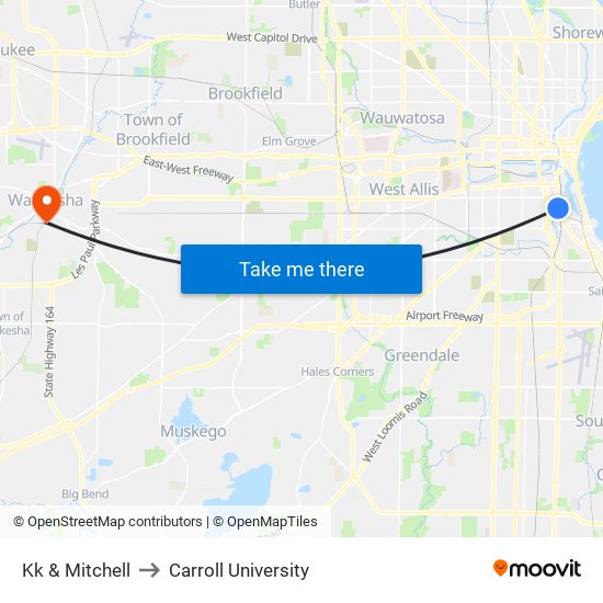 Kk & Mitchell to Carroll University map