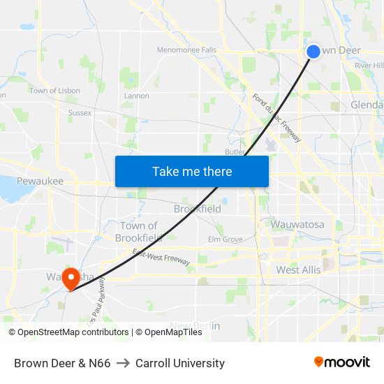 Brown Deer & N66 to Carroll University map