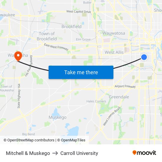 Mitchell & Muskego to Carroll University map