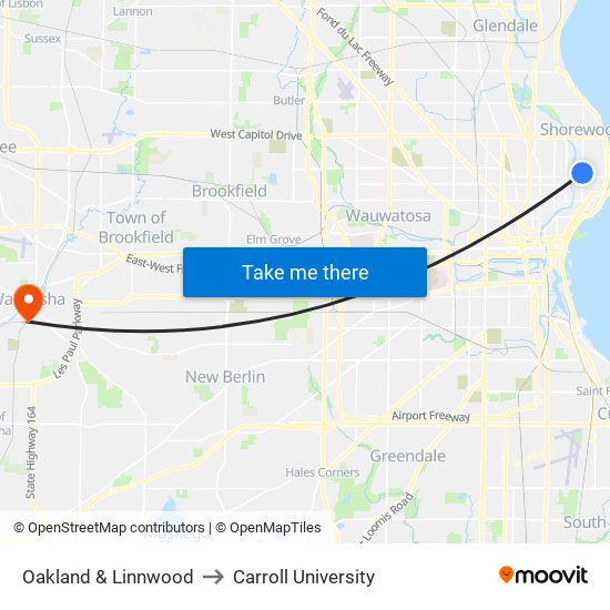 Oakland & Linnwood to Carroll University map