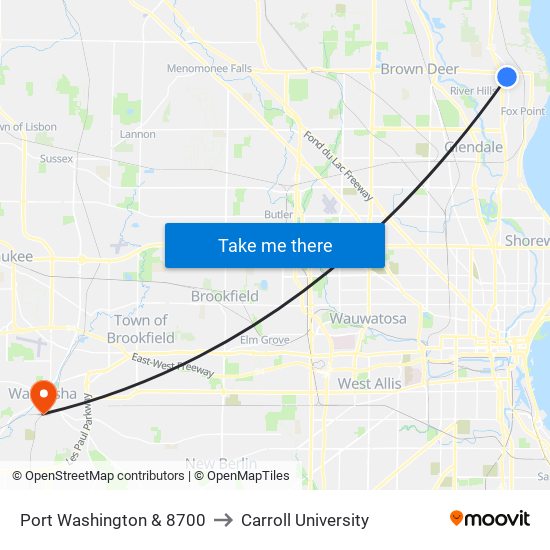 Port Washington & 8700 to Carroll University map