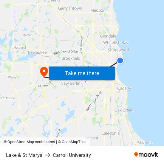 Lake & St Marys to Carroll University map