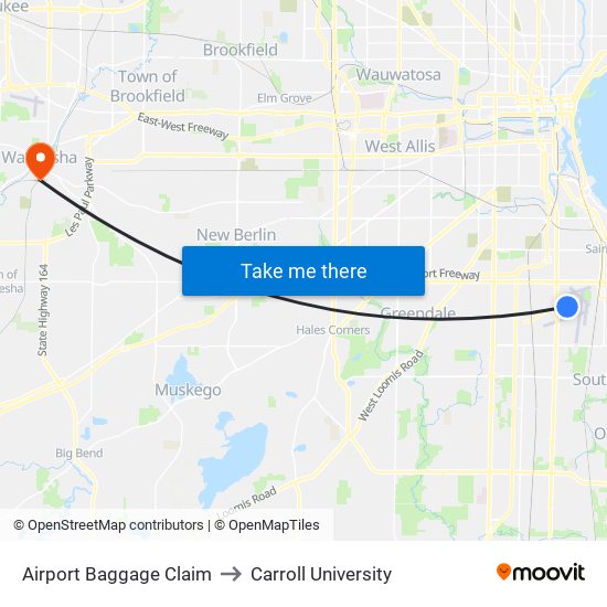 Airport Baggage Claim to Carroll University map