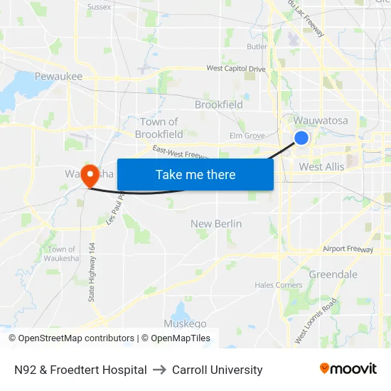N92 & Froedtert Hospital to Carroll University map