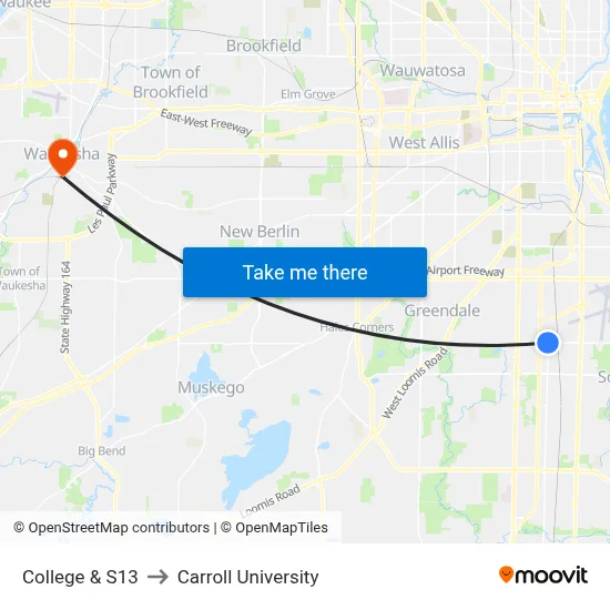 College & S13 to Carroll University map
