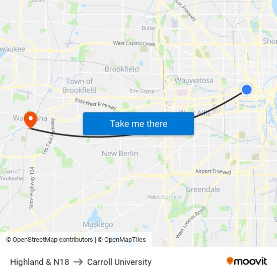 Highland & N18 to Carroll University map