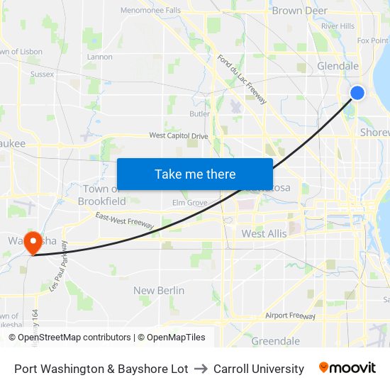 Port Washington & Bayshore Lot to Carroll University map