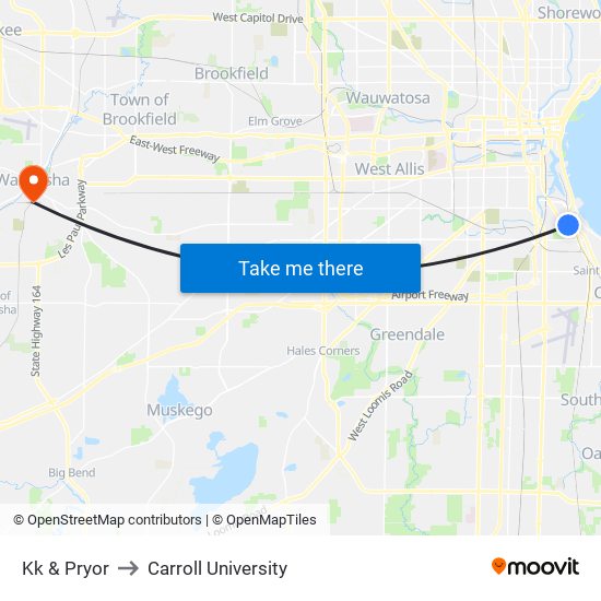 Kk & Pryor to Carroll University map