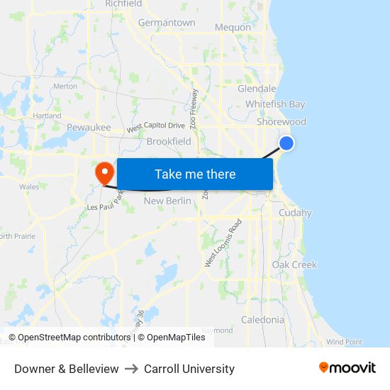 Downer & Belleview to Carroll University map