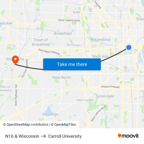 N16 & Wisconsin to Carroll University map