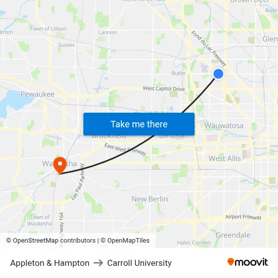 Appleton & Hampton to Carroll University map