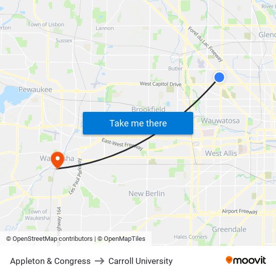 Appleton & Congress to Carroll University map