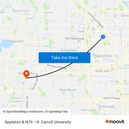 Appleton & N76 to Carroll University map