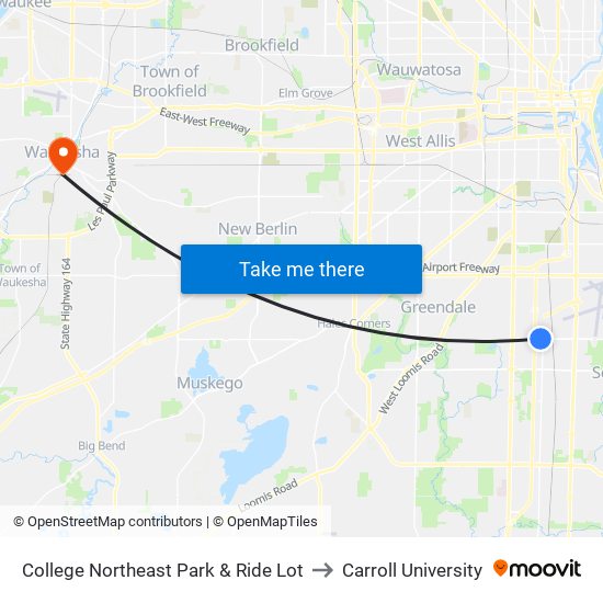 College Northeast Park & Ride Lot to Carroll University map