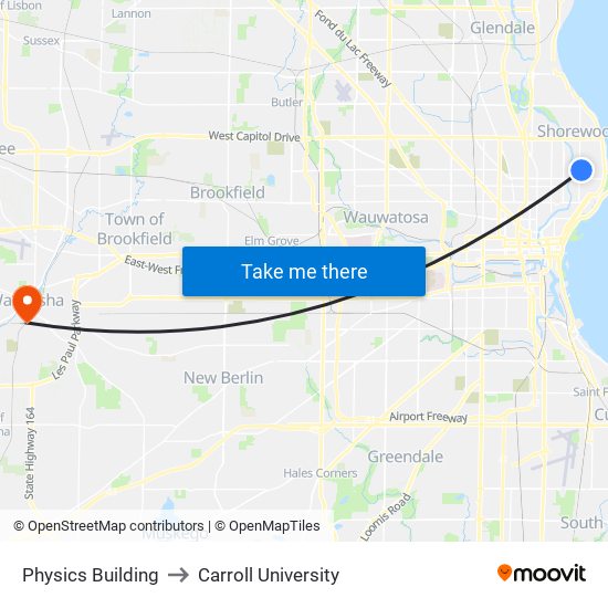 Physics Building to Carroll University map