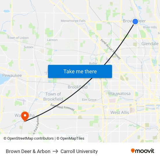 Brown Deer & Arbon to Carroll University map