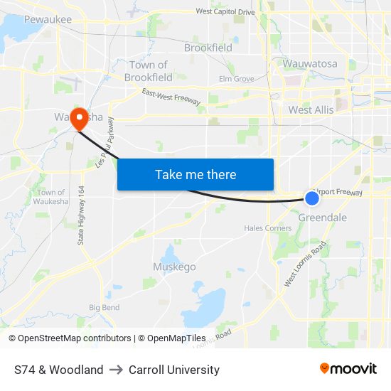 S74 & Woodland to Carroll University map