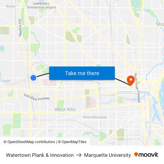 Watertown Plank & Innovation to Marquette University map