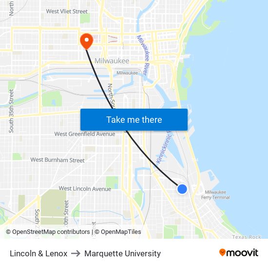 Lincoln & Lenox to Marquette University map