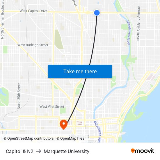 Capitol & N2 to Marquette University map