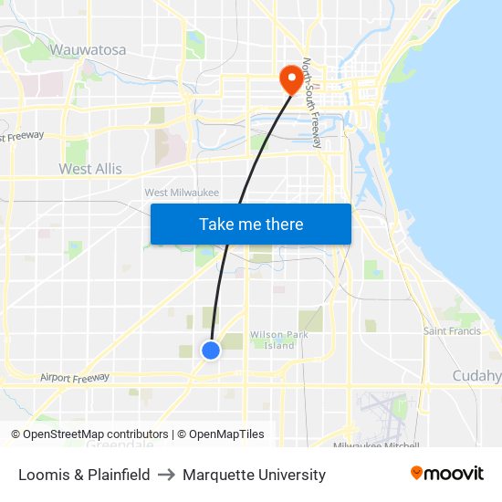 Loomis & Plainfield to Marquette University map