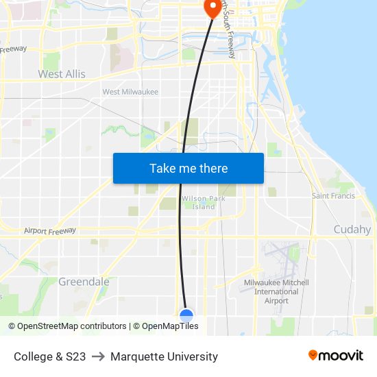 College & S23 to Marquette University map