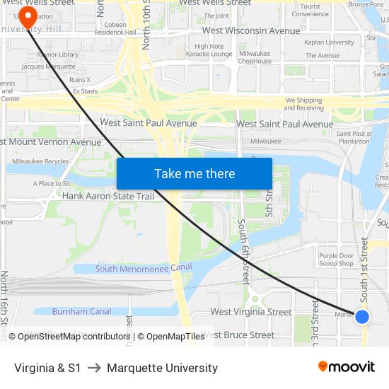 Virginia & S1 to Marquette University map