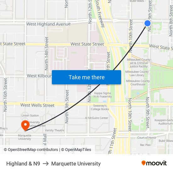 Highland & N9 to Marquette University map