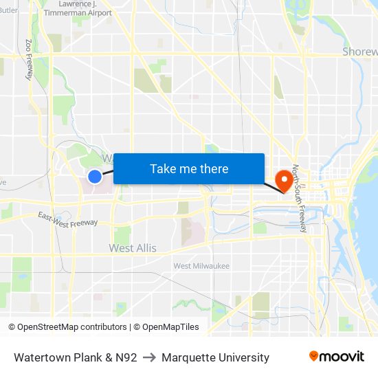 Watertown Plank & N92 to Marquette University map