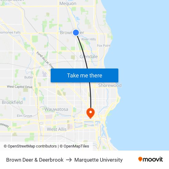 Brown Deer & Deerbrook to Marquette University map