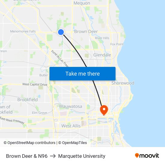 Brown Deer & N96 to Marquette University map