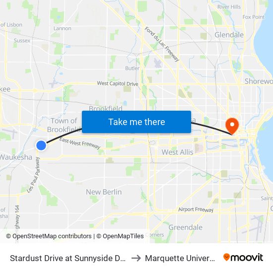 Stardust Drive at Sunnyside Drive to Marquette University map