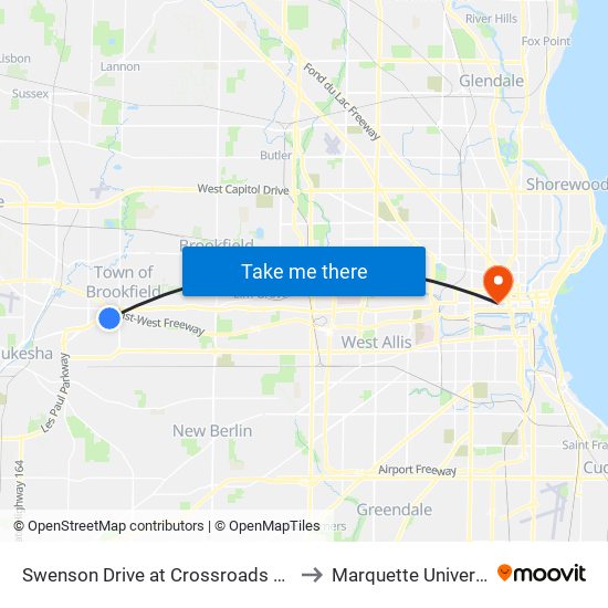 Swenson Drive at Crossroads Circle to Marquette University map