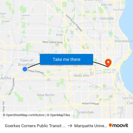 Goerkes Corners Public Transit Station to Marquette University map