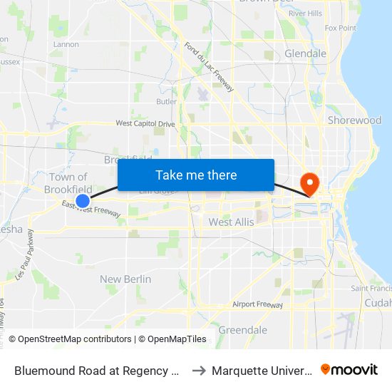 Bluemound Road at Regency Court to Marquette University map