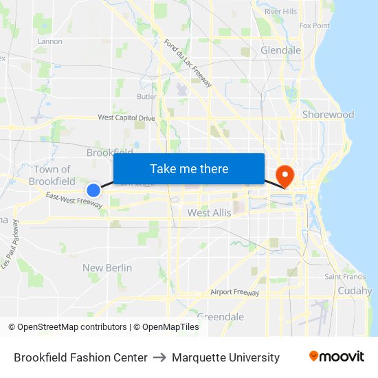 Brookfield Fashion Center to Marquette University map