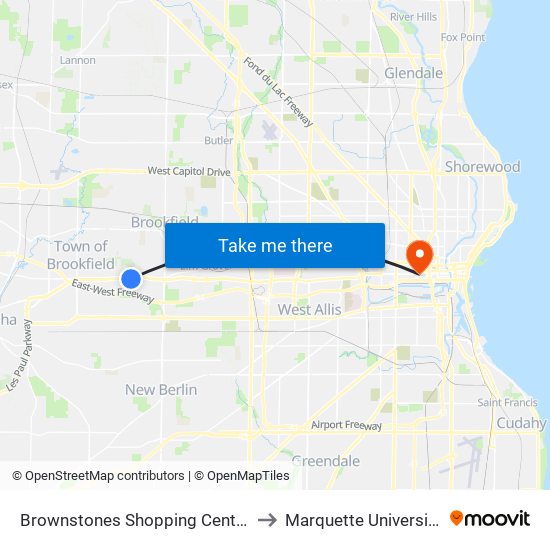 Brownstones Shopping Center to Marquette University map