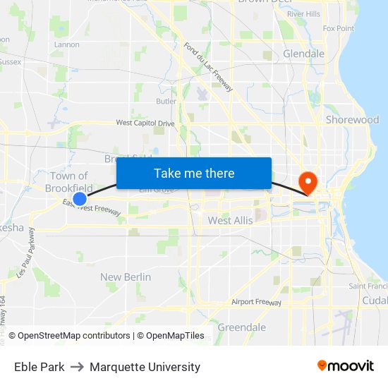 Eble Park to Marquette University map