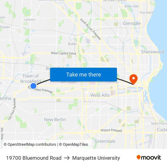 19700 Bluemound Road to Marquette University map