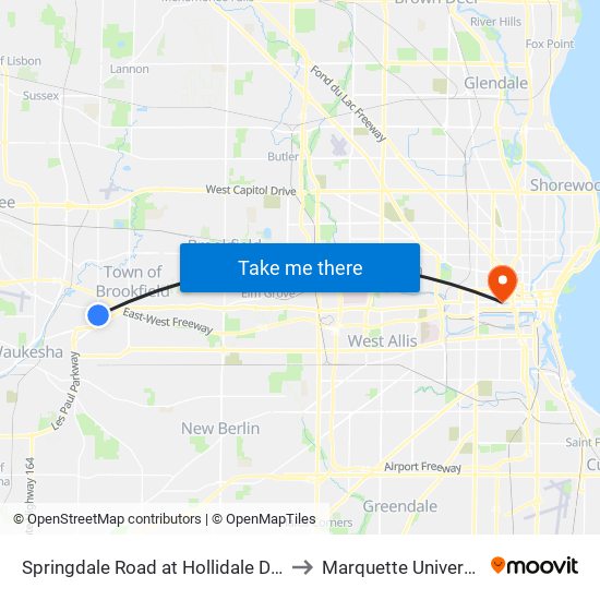 Springdale Road at Hollidale Drive to Marquette University map