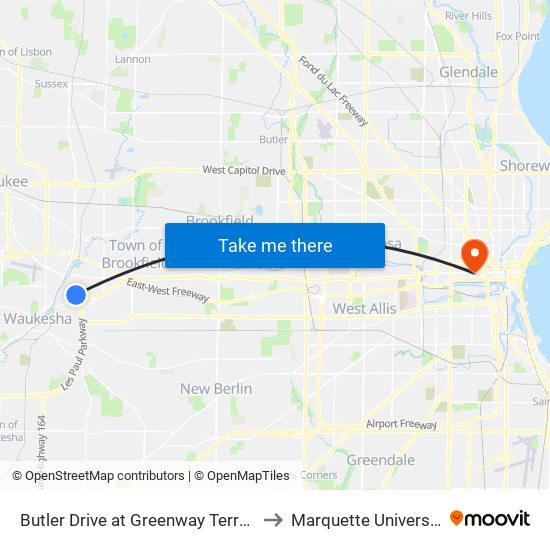 Butler Drive at Greenway Terrace to Marquette University map