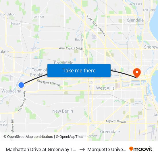 Manhattan Drive at Greenway Terrace to Marquette University map