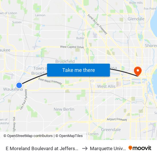 E Moreland Boulevard at Jefferson Avenue to Marquette University map