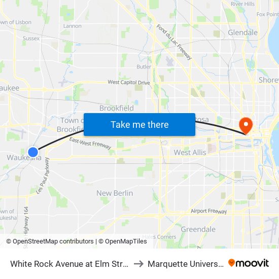 White Rock Avenue at Elm Street to Marquette University map