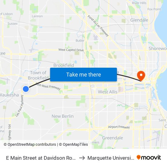 E Main Street at Davidson Road to Marquette University map