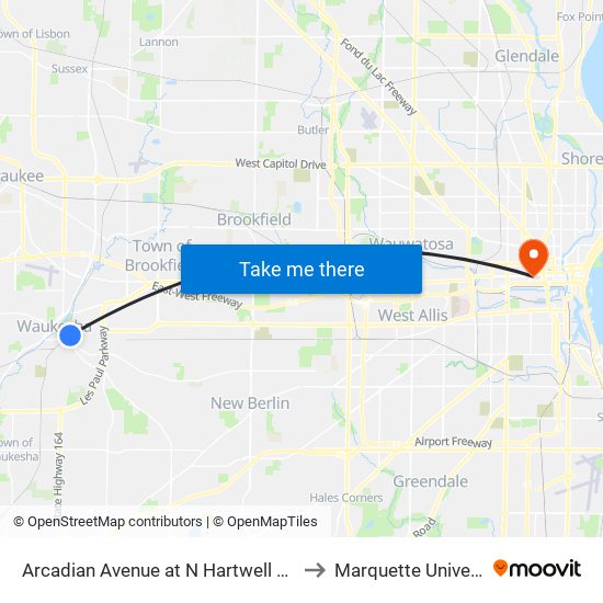 Arcadian Avenue at N Hartwell Avenue to Marquette University map