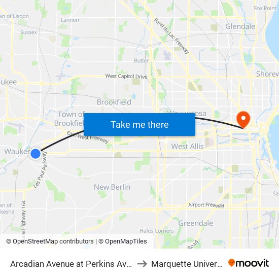 Arcadian Avenue at Perkins Avenue to Marquette University map