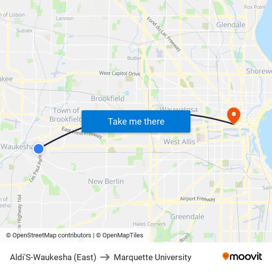 Aldi'S-Waukesha (East) to Marquette University map